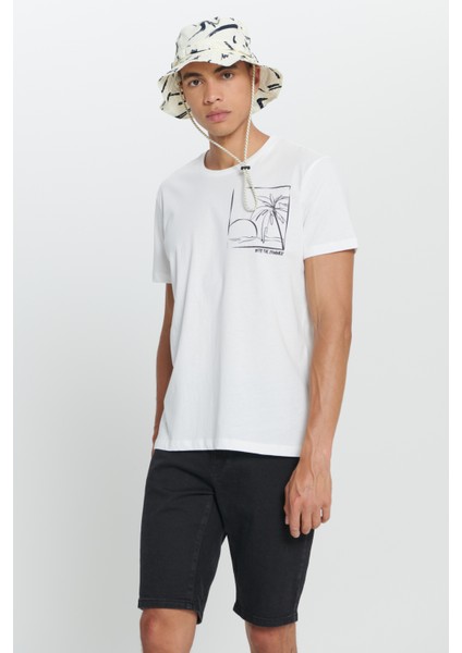 Erkek Ekru Standart Fit Normal Kesim %100 Pamuk Yumuşak Dokulu Baskılı Bisiklet Yaka Tişört