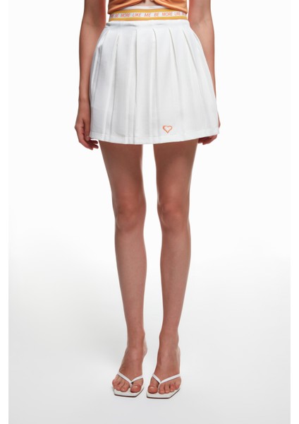 Beli Lastikli Pileli Mini Etek Ekru modelleri