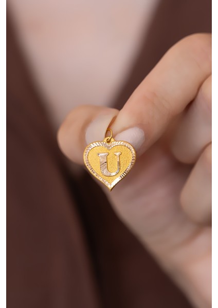 14 Ayar Altın Nostaljik Kalp U Harf Kolye Ucu