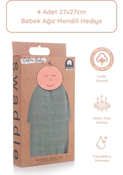 %100 Pamuk Premium & Hafif Müslin Bezi Örtüsü I 120x120 cm I Buzdağı Yeşili & 4 Adet Ağız Mendili 27x27cm