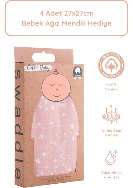 %100 Pamuk Premium & Hafif Müslin Bezi Örtüsü I 120x120 cm I Pembe I Yıldız Desenli & 4 Adet Ağız Mendili 27x27cm