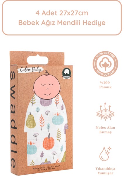 %100 Pamuk Premium & Hafif Müslin Bezi Örtüsü I 120x120 cm I Yeşil I Balkabak Desenli & 4 Adet Ağız Mendili 27x27cm