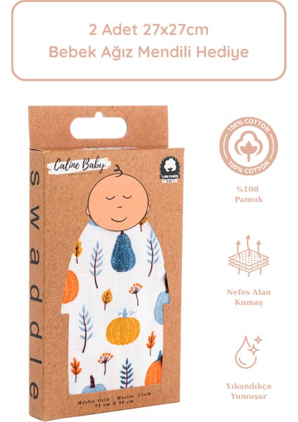 %100 Pamuk Premium & Hafif Müslin Bezi Örtüsü I 90x75 cm I Mavi I Balkabağı Desenli & 2 Adet Ağız Mendili 27x27cm