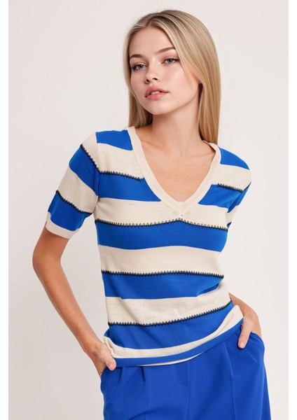 Kadın BDART Çizgili V Yaka Fitilli Bluz Kobalt Mavisi fiyatları