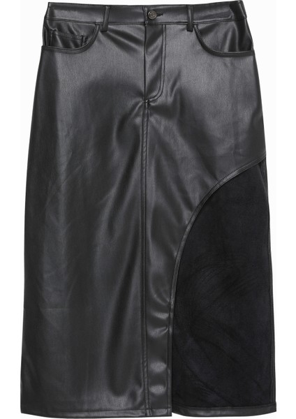 Yırtmaç Detaylı Deri Midi Etek Siyah fiyatları