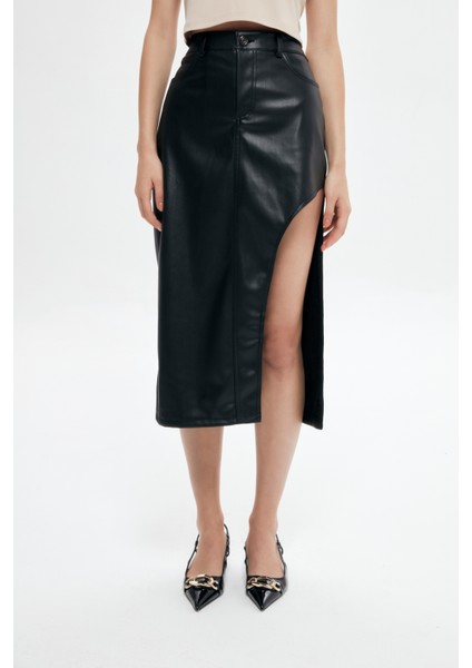 Yırtmaç Detaylı Deri Midi Etek Siyah fırsatları
