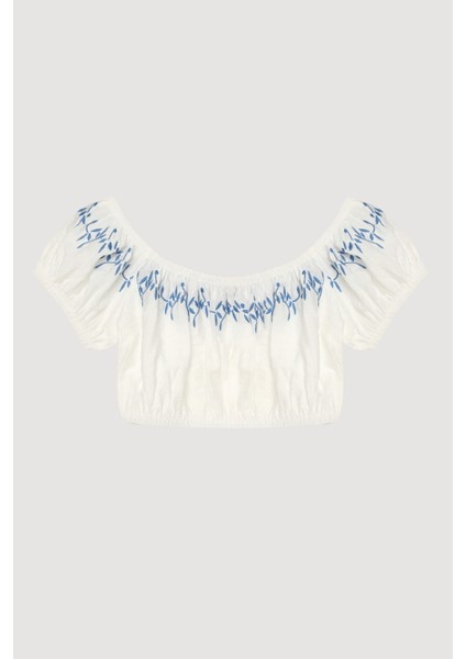 Nakış Detaylı Balon Kol Crop Bluz Ekru fiyatları