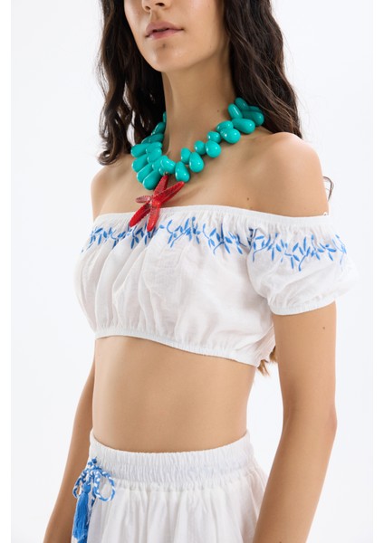 Nakış Detaylı Balon Kol Crop Bluz Ekru fırsatları