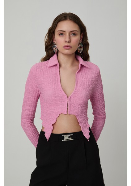 Bağlama Detaylı Crop Bluz Pembe
