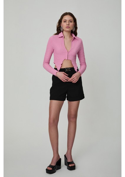 Bağlama Detaylı Crop Bluz Pembe modelleri