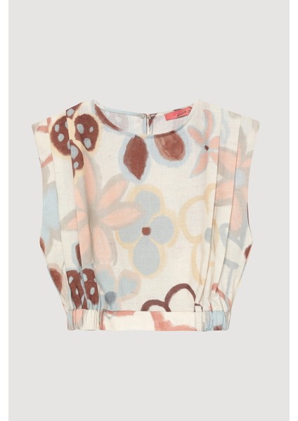 Renkli Çiçek Desenli Vatkalı Keten Bluz Naturel fiyatları