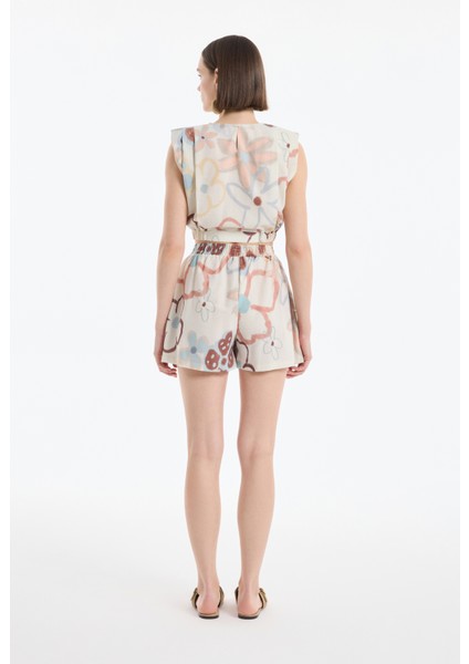 Renkli Çiçek Desenli Vatkalı Keten Bluz Naturel indirimleri