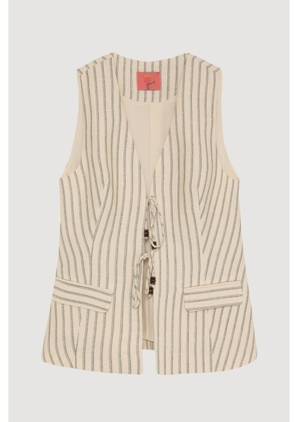 Kruvaze Yaka Bağlamalı Çizgili Yelek Naturel fiyatları