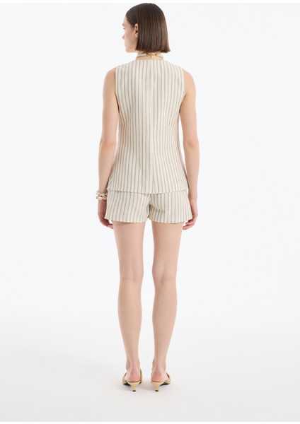 Kruvaze Yaka Bağlamalı Çizgili Yelek Naturel indirimleri