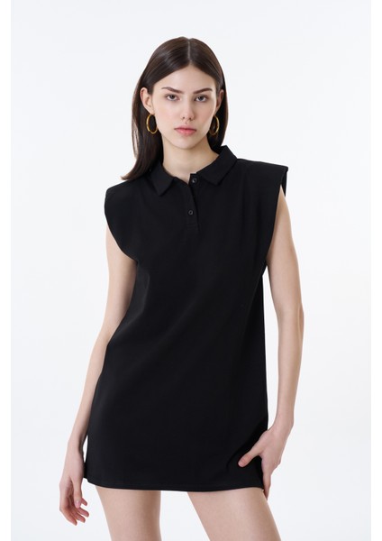 Polo Yaka Vatkalı Mini Elbise Siyah modelleri