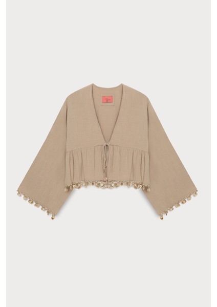 Midye Kabuk Aksesuarlı Bağlamalı Keten Bluz Koyu Bej fiyatları