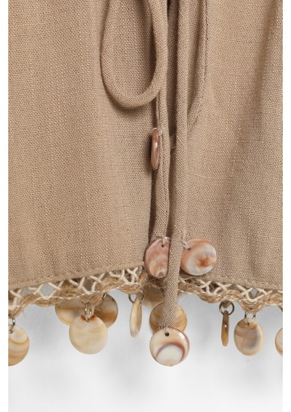 Midye Kabuk Aksesuarlı Bağlamalı Keten Bluz Koyu Bej modelleri