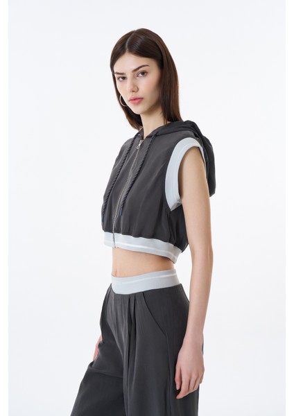 Kapüşonlu Fermuarlı Kolsuz Yelek Ceket Antrasit modelleri