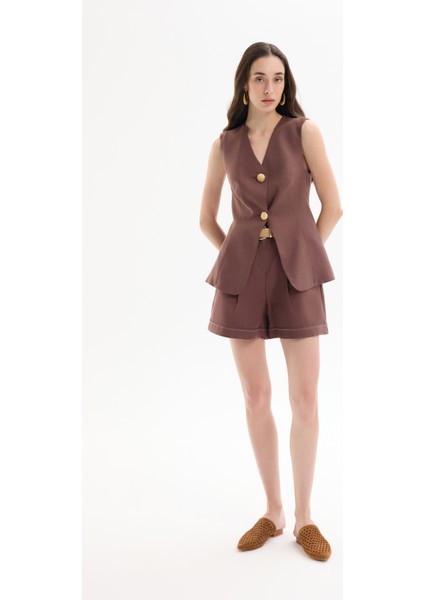 Çift Düğmeli V Yaka Yelek Ceket Kahverengi modelleri