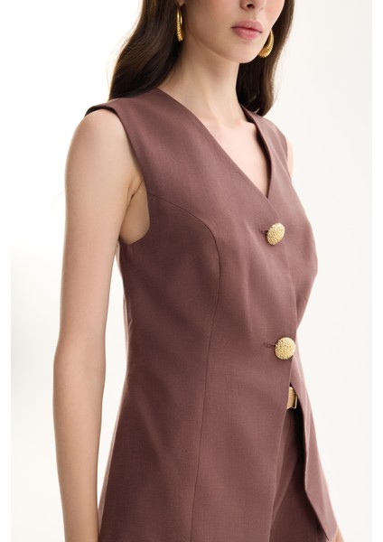 Çift Düğmeli V Yaka Yelek Ceket Kahverengi fırsatları