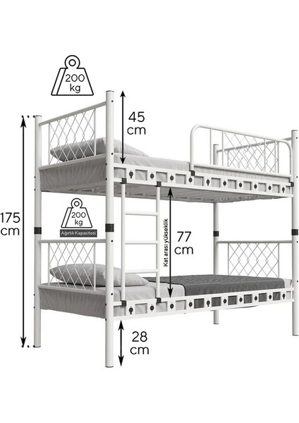 Argimo Carme Genç Çocuk Yatak Odası Metal Ranza ve Karyola 90 x 200 fırsatları