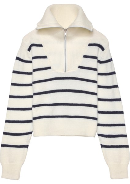 Yakası Fermuarlı Çizgili Triko Kazak Lacivert fiyatları