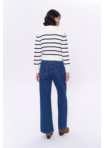 Yakası Fermuarlı Çizgili Triko Kazak Lacivert indirimleri