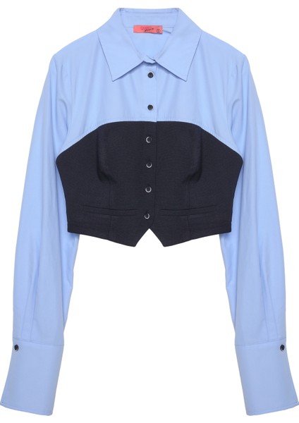 Garni Detaylı Düğmeli Crop Gömlek Mavi fiyatları
