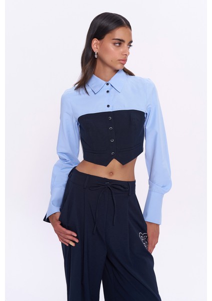 Garni Detaylı Düğmeli Crop Gömlek Mavi fırsatları