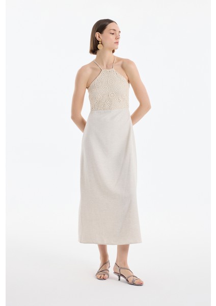 Halter Yaka Dantelli Uzun Elbise Naturel modelleri