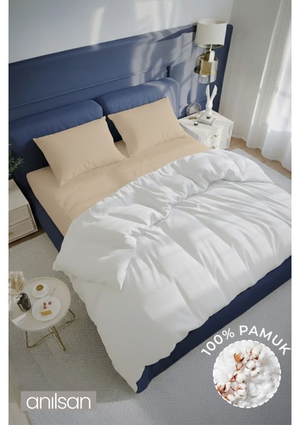 Düz Bej Çift Kişilik Ranforce Çarşaf Seti %100 Pamuk (Çarşaf+Yastık Kılıfı)