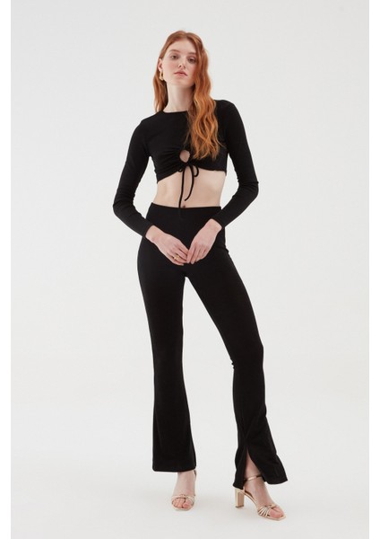 Büzgü Detaylı Crop Bluz Siyah