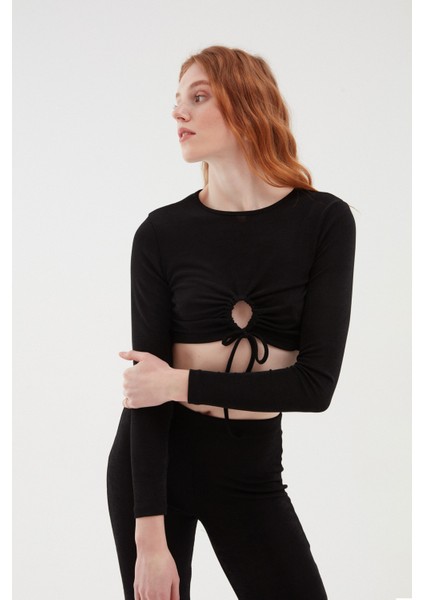Büzgü Detaylı Crop Bluz Siyah modelleri