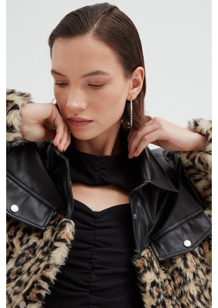 Deri Detaylı Kürk Ceket Kahve modelleri