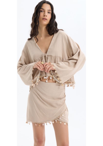 Midye Kabuk Aksesuarlı Keten Mini Etek Koyu Bej indirimleri