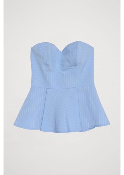 Ince Çizgili Pileli Straplez Bluz Mavi fiyatları