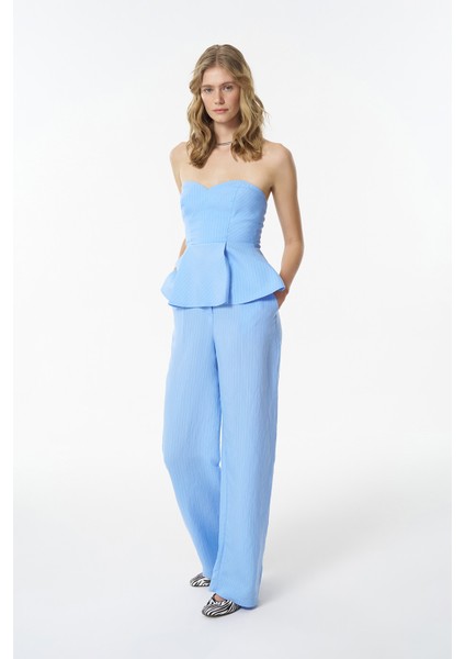 Ince Çizgili Pileli Straplez Bluz Mavi modelleri