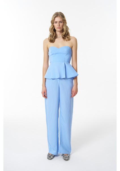 Ince Çizgili Pileli Straplez Bluz Mavi fırsatları