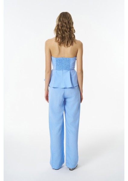 Ince Çizgili Pileli Straplez Bluz Mavi indirimleri