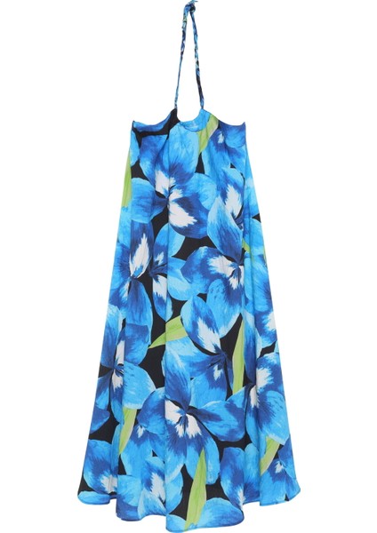 Boyundan Bağlamalı Desenli Uzun Elbise Mavi fiyatları