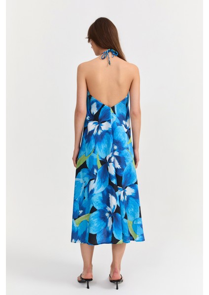 Boyundan Bağlamalı Desenli Uzun Elbise Mavi indirimleri