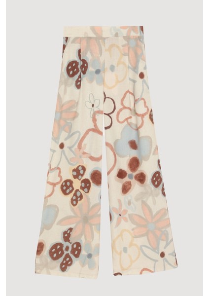 Renkli Çiçek Desenli Geniş Keten Pantolon Naturel fiyatları