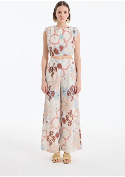Renkli Çiçek Desenli Geniş Keten Pantolon Naturel modelleri