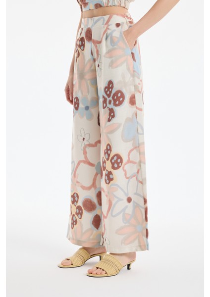 Renkli Çiçek Desenli Geniş Keten Pantolon Naturel fırsatları