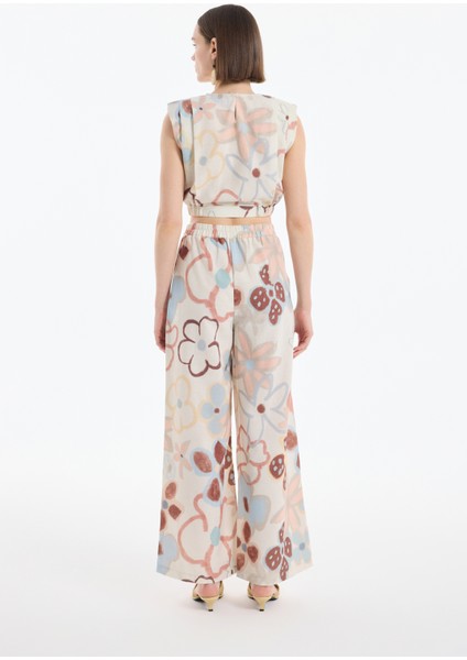 Renkli Çiçek Desenli Geniş Keten Pantolon Naturel indirimleri