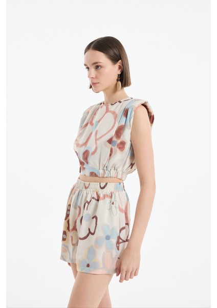 Beli Lastikli Desenli Keten Mini Şort Naturel fırsatları