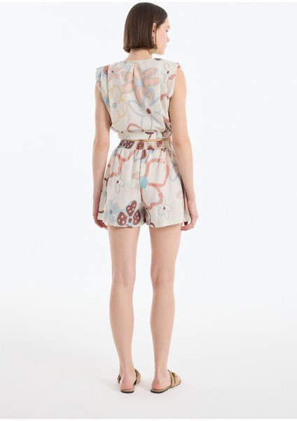 Beli Lastikli Desenli Keten Mini Şort Naturel indirimleri