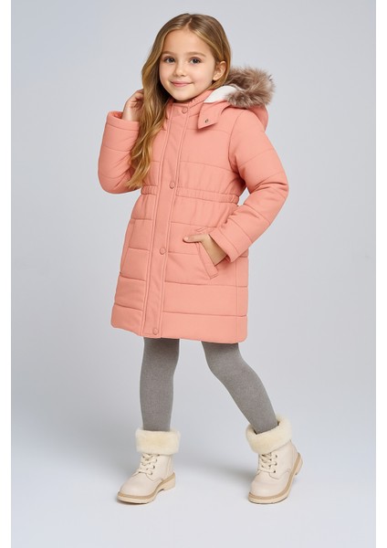 Bürümcük Kumaş Çıtçıt Kapamalı Fermuarlı Kürklü Kapüşonlu Kız Çocuk Pudra Şişme Mont