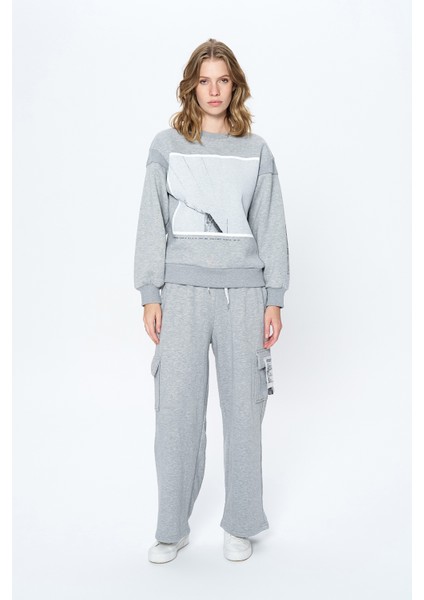 Sırtı Fermuar Detaylı Baskılı Sweatshirt Gri modelleri