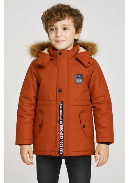 Armalı Kürklü Kapüşonlu Erkek Çocuk Kiremit Şişme Mont